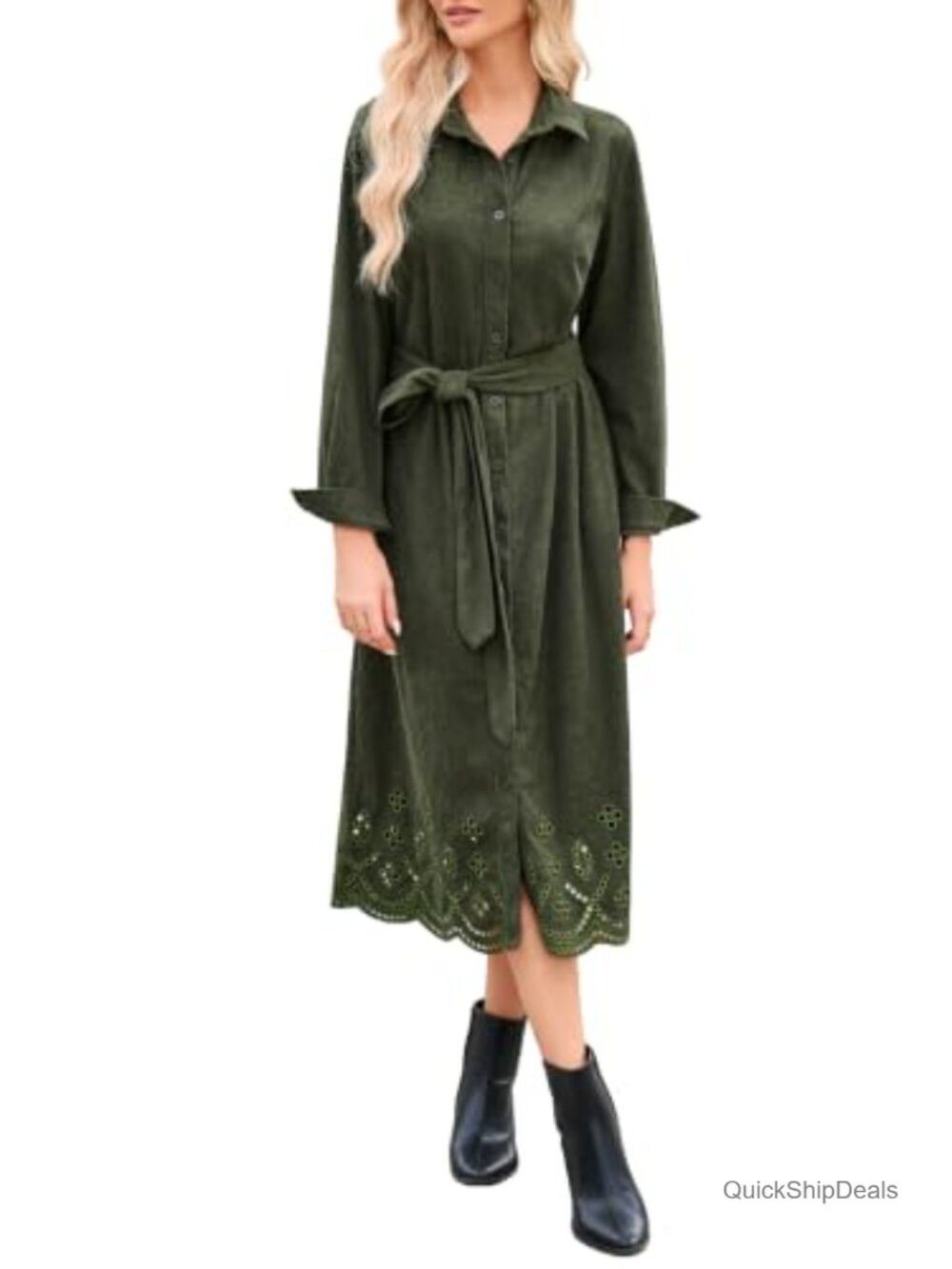 Corduroy Midi Dress Embroidered Button Down Shirt Dress
